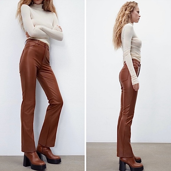 2/$30 Zara, High Rise Vegan Faux Leather Pants, Tan Brown, Size XS - Picture 4 of 12